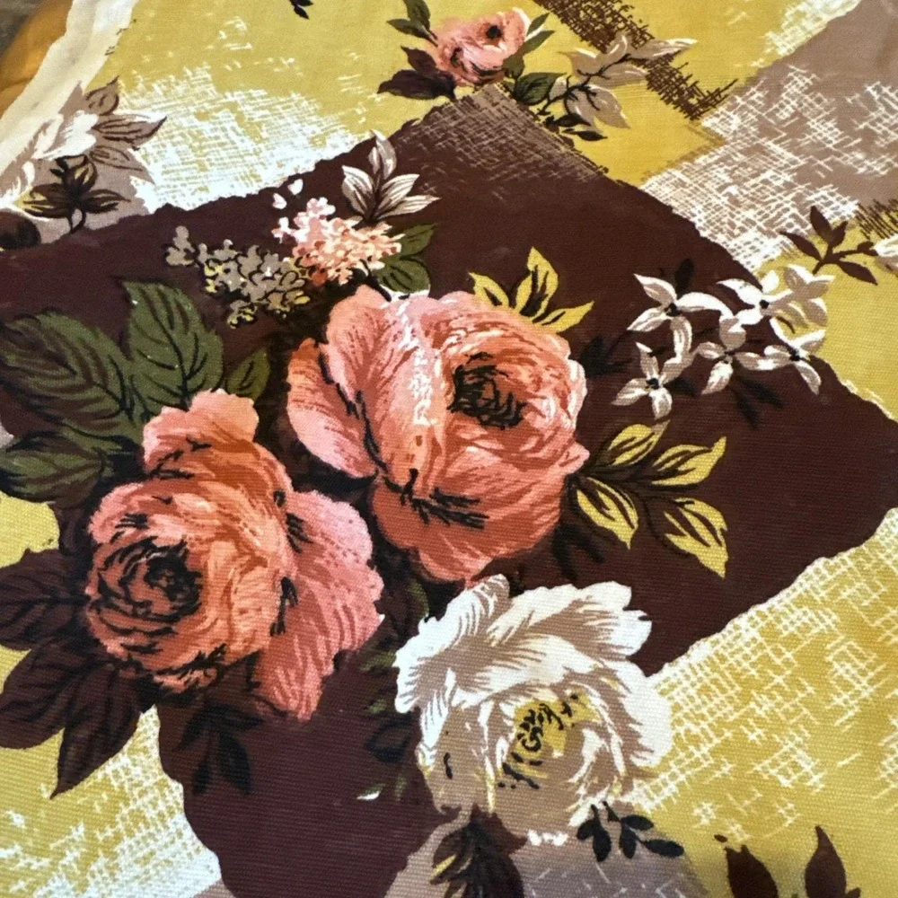 VTG Fabric 2‎ 1/2 Yards Floral & Checks Browns Yellow Rose Cotton Decor Canvas